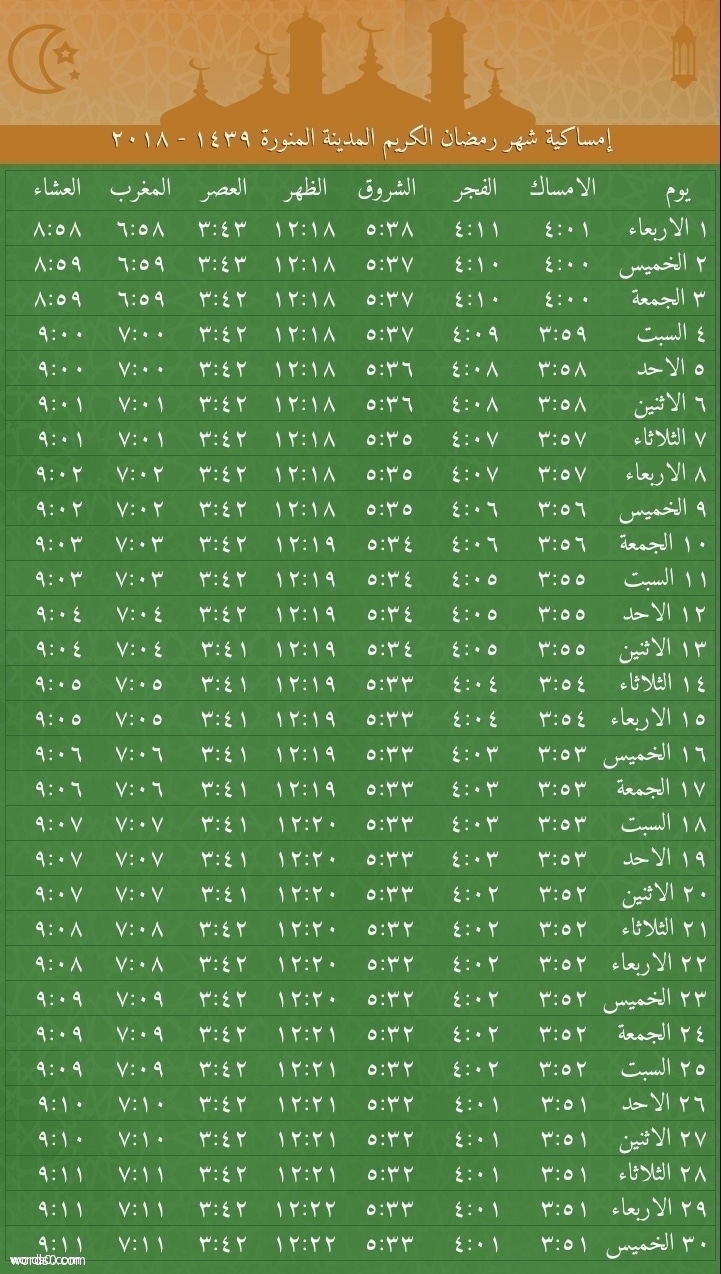 صورة – جدول امساكية رمضان 2018 المدينة المنورة