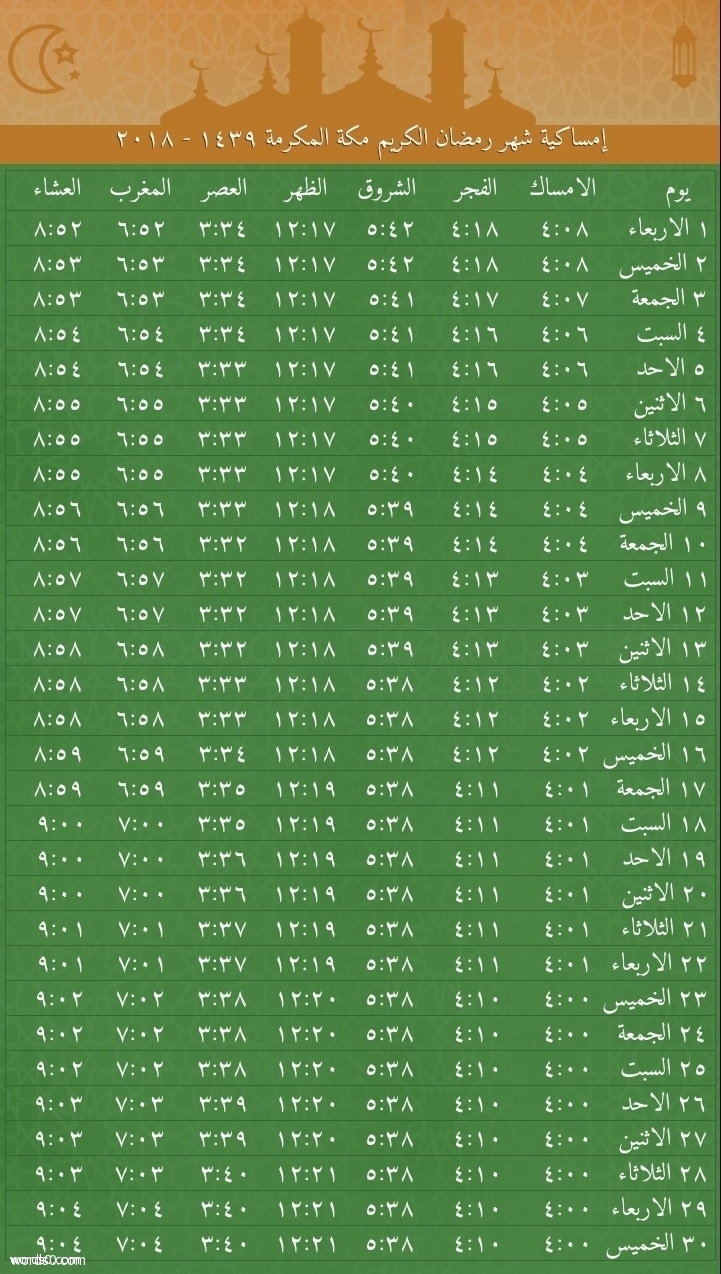 صورة – جدول امساكية رمضان 2018 مكة المكرمة